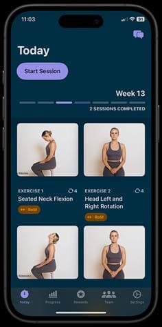 LiDAR motion-scanning app: a weekly physio programme with range-of-motion exercises like seated neck flexion and head rotation, shown in a phone mockup.