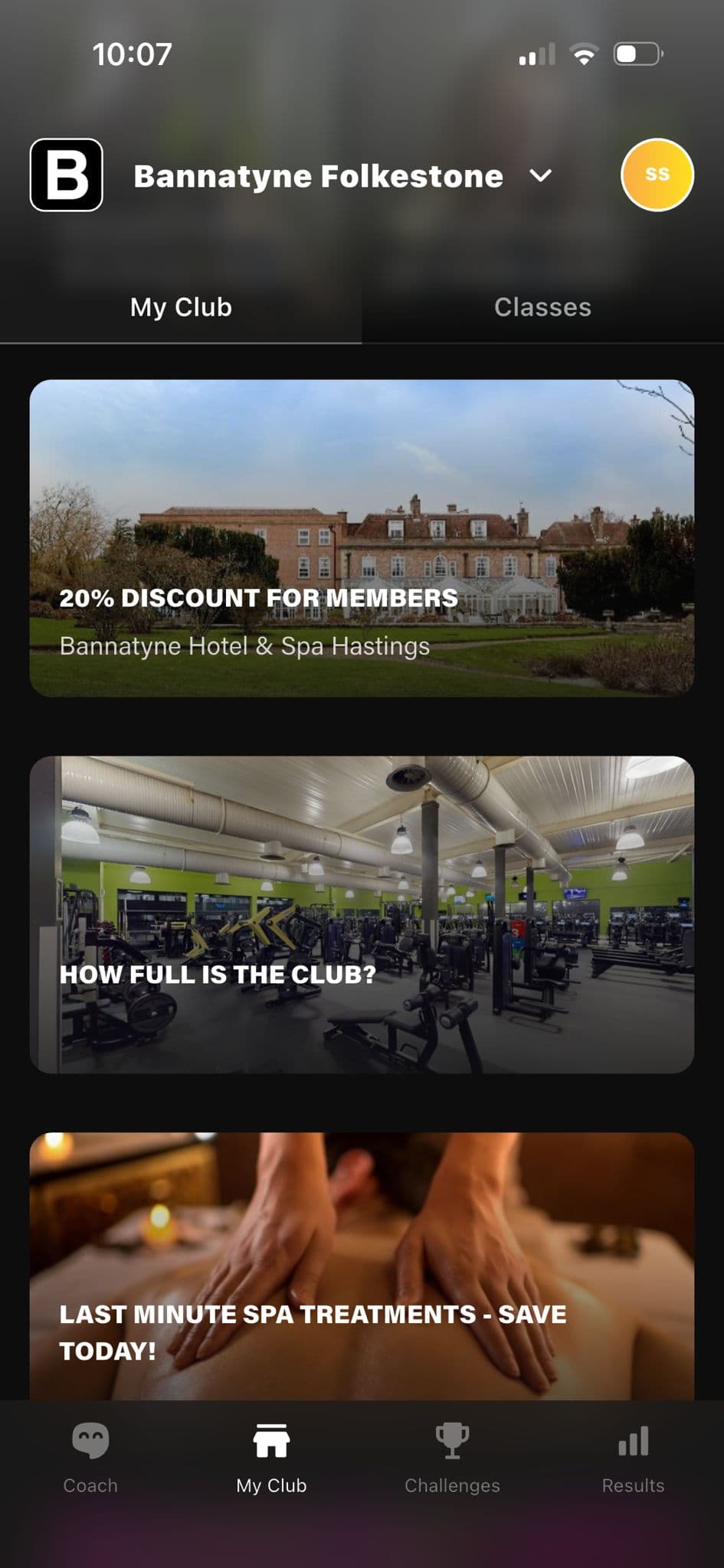 Bannatyne app home screen showing a 20% discount offer and last-minute spa treatments.
