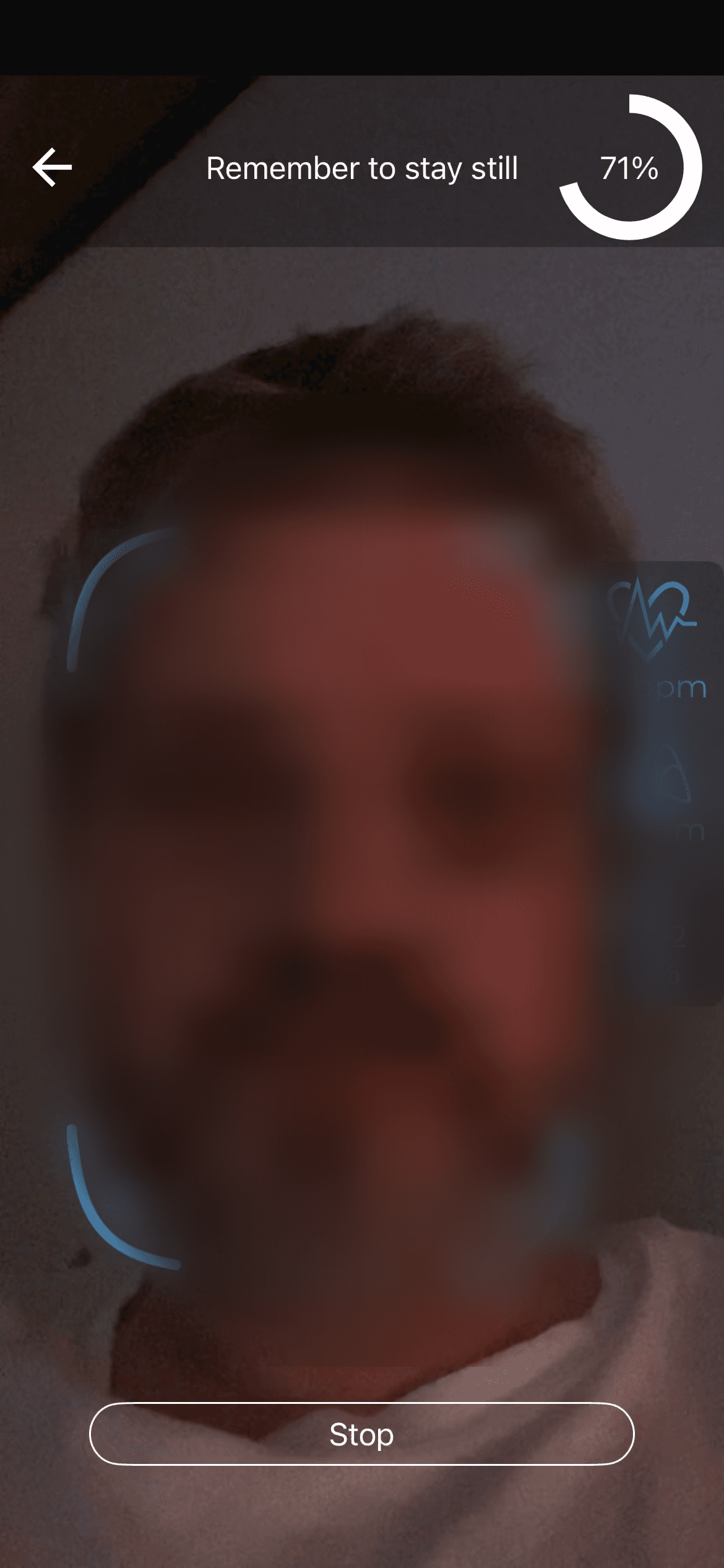 Live face scan in progress, showing a reticle over the face and vitals: 72 bpm heart rate, 8 breaths per minute, 99% oxygen saturation.